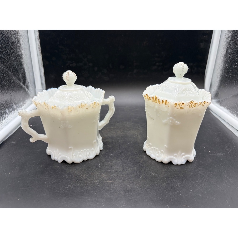 Vintage Westmoreland Milk Glass Princess Feather Sugar Bowl & Tea Canister Set